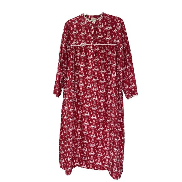 Vintage LL Bean Womens Large Red Nightgown Reindeer Christmas Grandma Cozy Flaw - Picture 1 of 9
